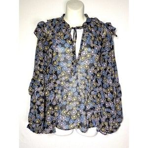 Topshop PINK/BLUE/YELLOW flowers print long sleeve CHIFFON ruffle TOP Size 10